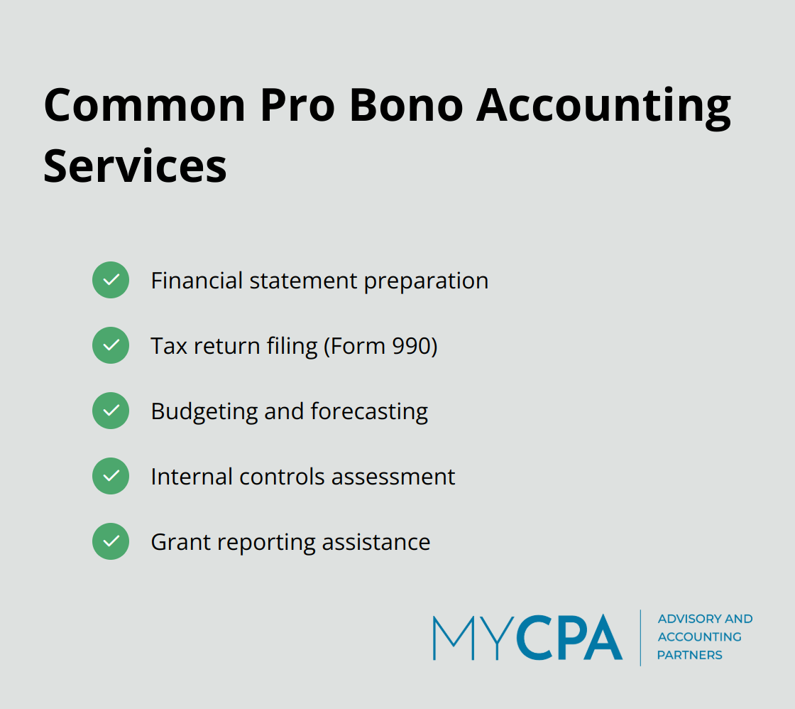 Checklist of common pro bono accounting services including financial statement preparation, tax return filing, budgeting and forecasting, internal controls assessment, and grant reporting assistance.