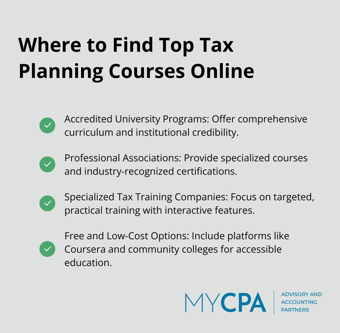 A checkmark list showing four top platforms for finding tax planning courses online: Accredited University Programs, Professional Associations, Specialized Tax Training Companies, and Free and Low-Cost Options.