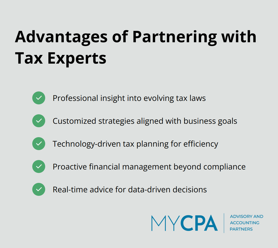 A checkmark list chart showing the advantages of partnering with tax experts: professional insight, customized strategies, technology-driven planning, proactive financial management, and real-time advice.