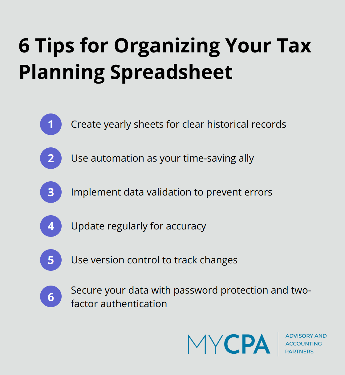 Ordered list of 6 tips for effectively organizing a tax planning spreadsheet: create yearly sheets, use automation, implement data validation, update regularly, use version control, and secure your data.