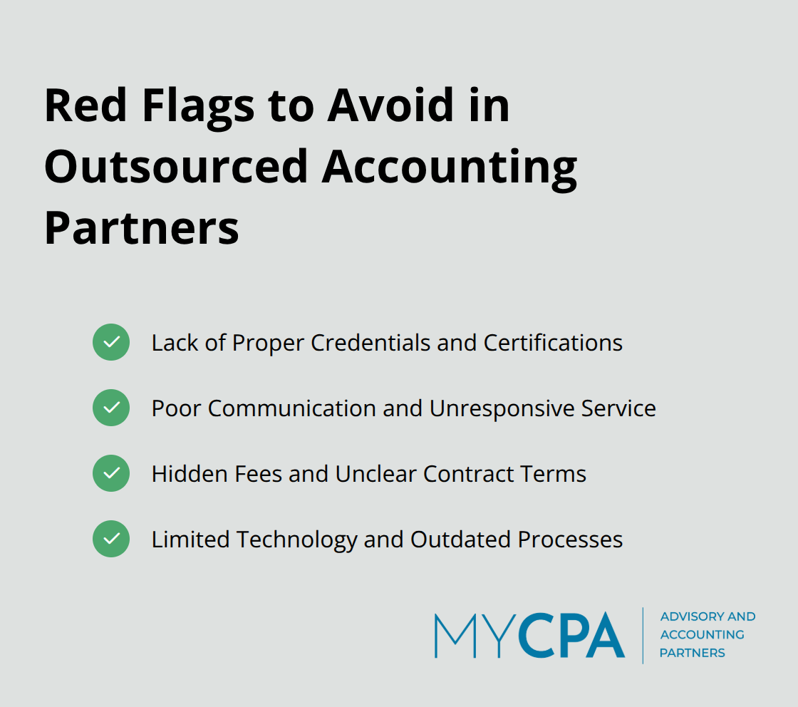 Checkmark list of four red flags to avoid when choosing an outsourced accounting partner - best outsourced accounting services