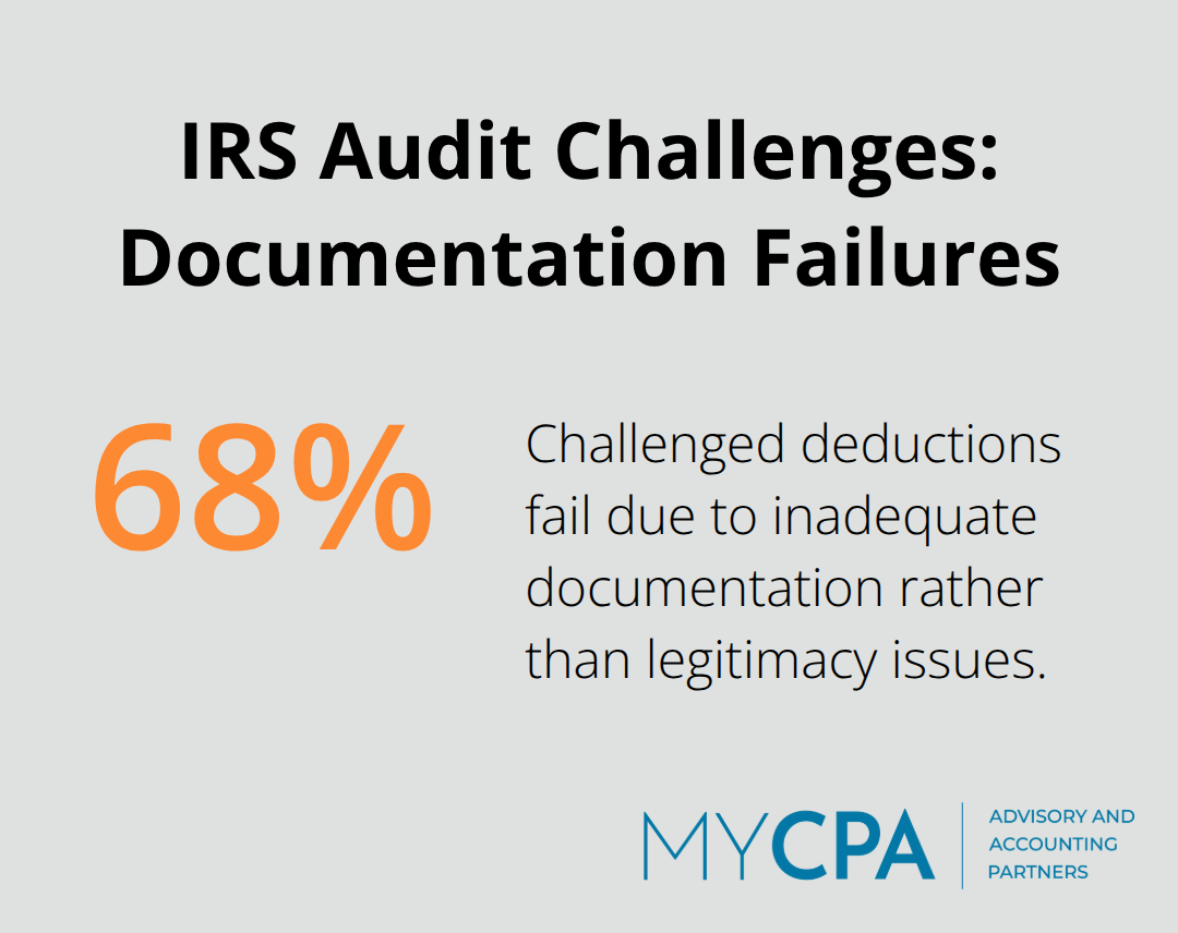 Percentage chart showing 68% of challenged deductions fail due to inadequate documentation