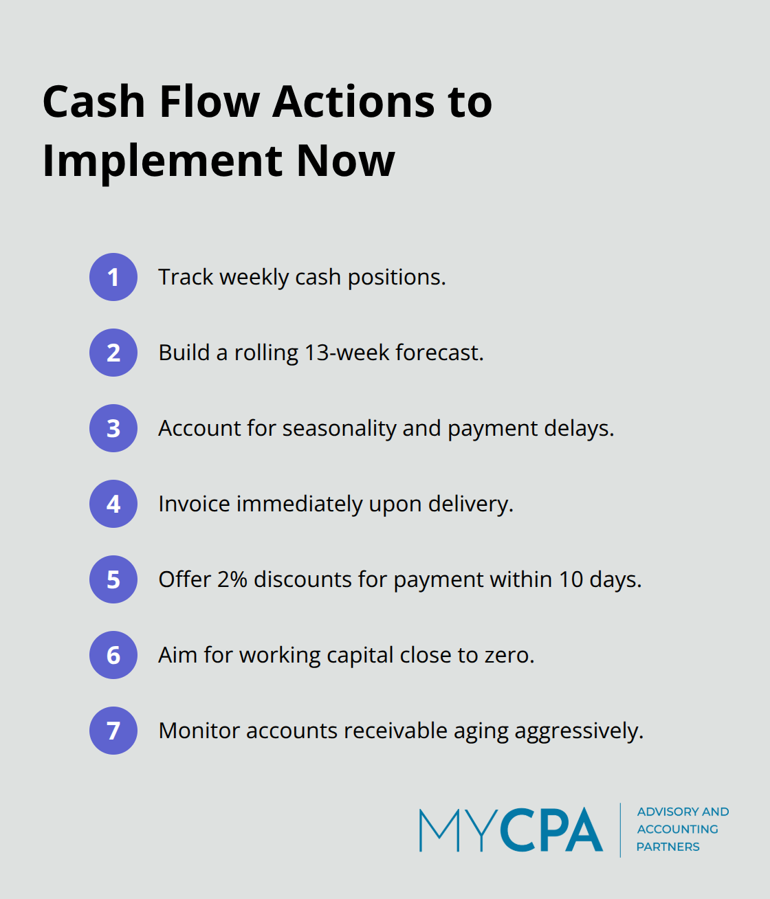 Compact list of concrete steps to improve startup cash flow reliability. - financial management for startups