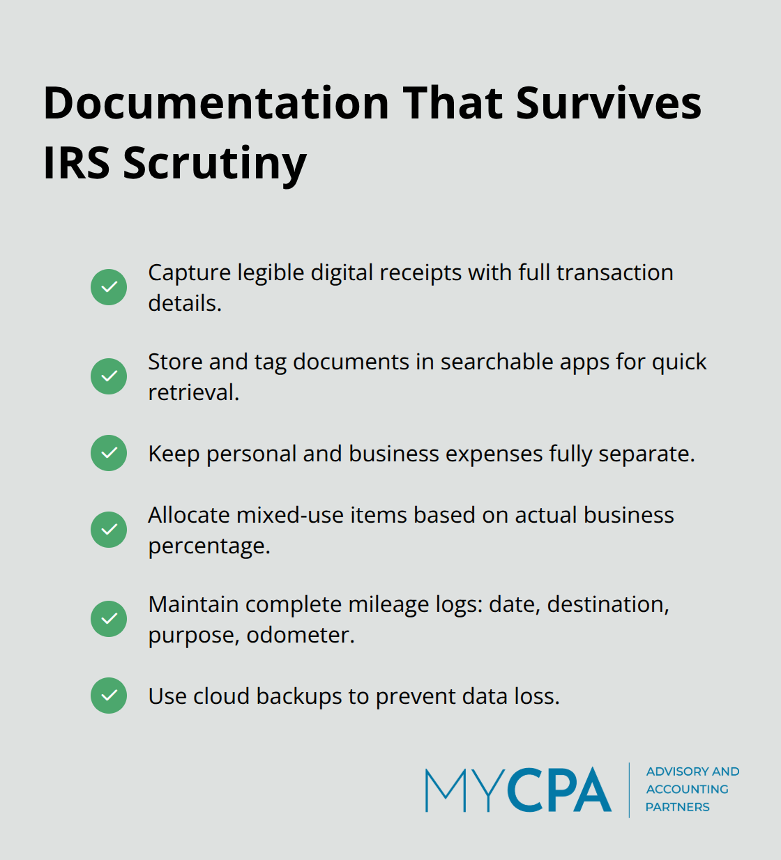 Checklist of documentation best practices to reduce audit risk and protect deductions.