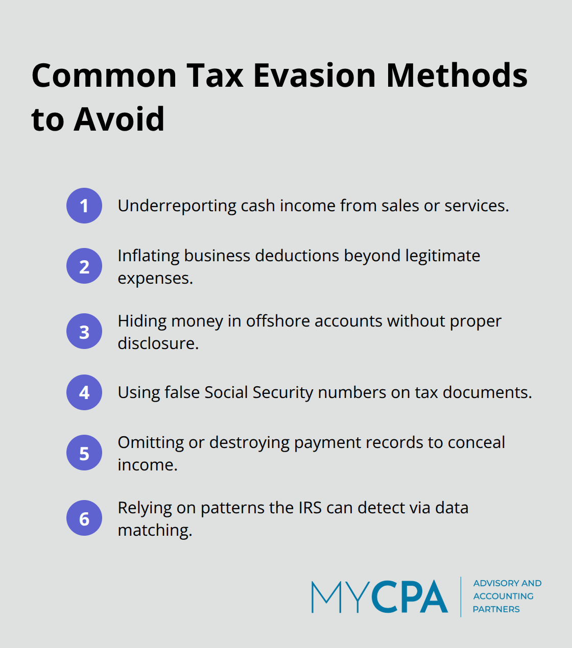 A compact ordered list highlighting common tax evasion methods the IRS targets.