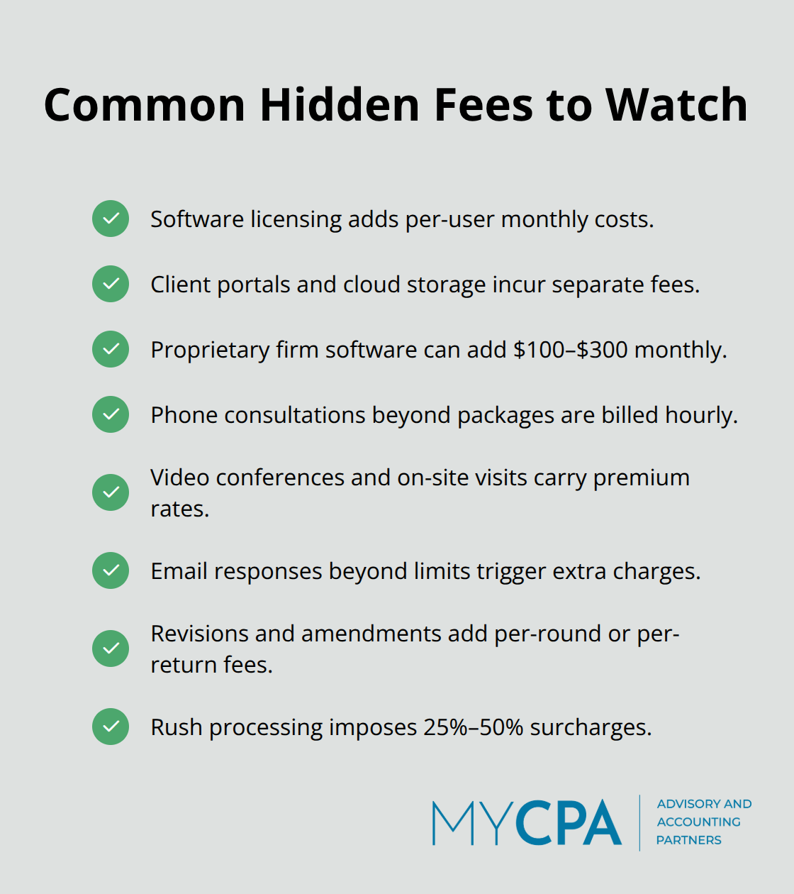 Checklist of frequent hidden accounting fees that increase total cost. - rates for accounting services