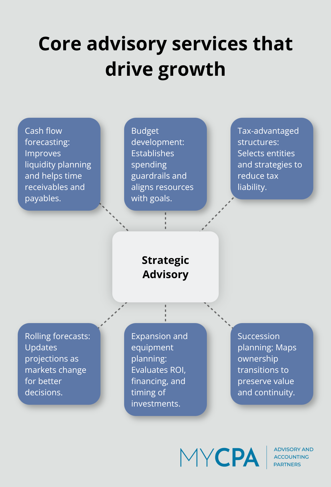 Hub-and-spoke diagram showing key advisory services offered by accounting firms that support business growth. - small business tax and accounting services