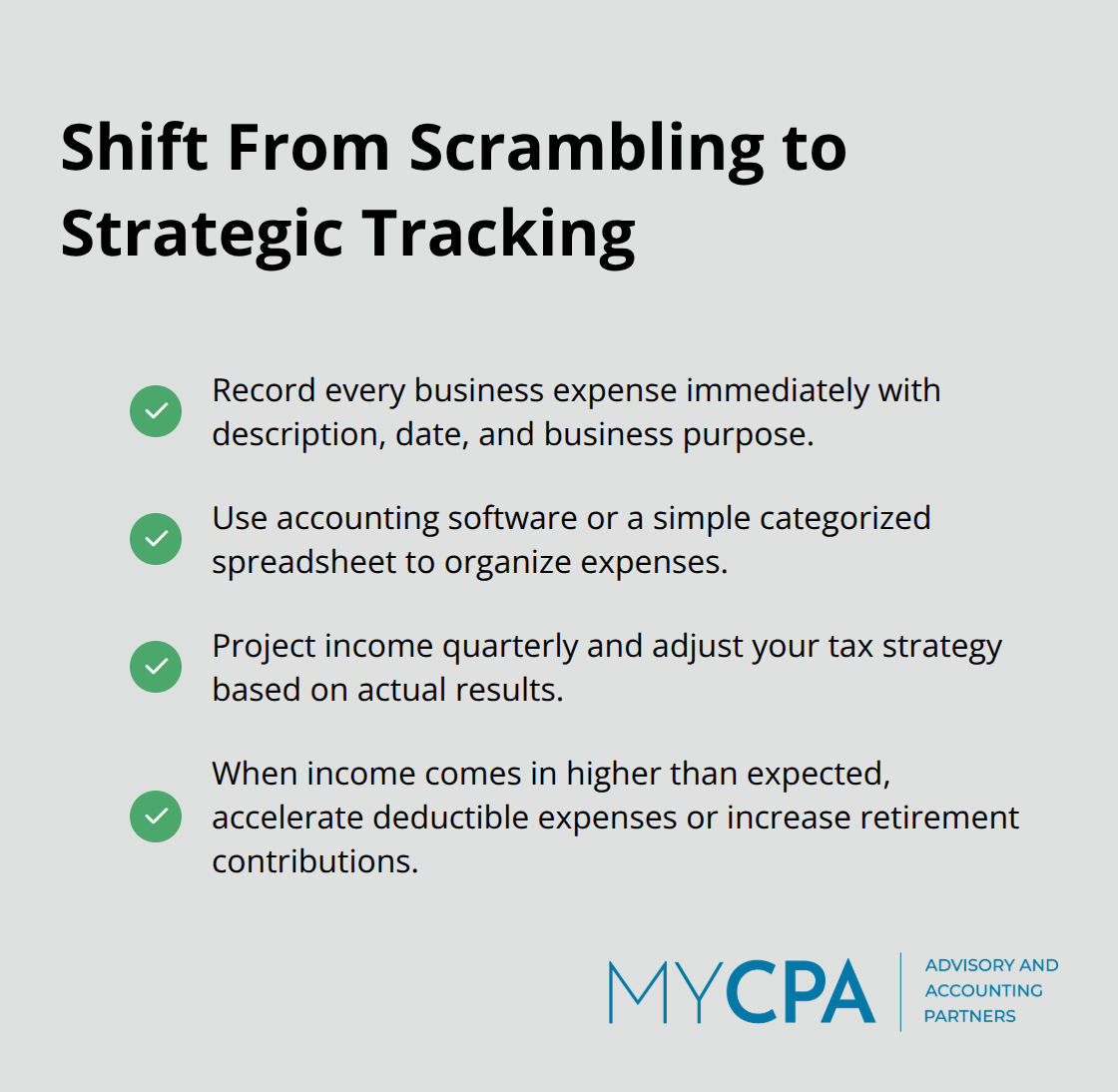 Checklist of actions to implement year-round tax tracking and decisions