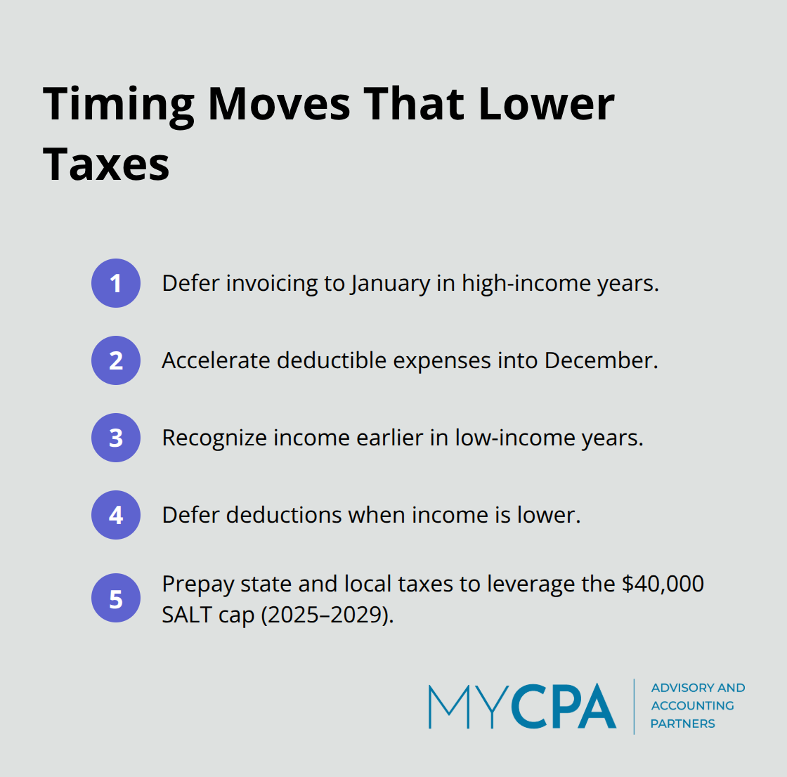 Compact list of income and deduction timing tactics for business owners