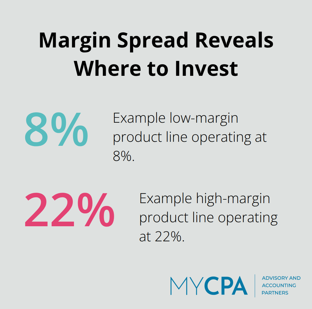 Chart comparing example product line margins at 8% and 22% - strategic financial advisory
