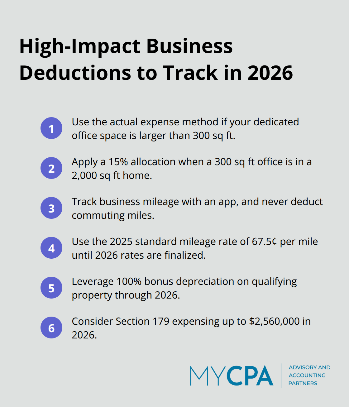 Compact list of top business deduction actions for U.S. taxpayers in 2026. - minimize taxes legally 2026