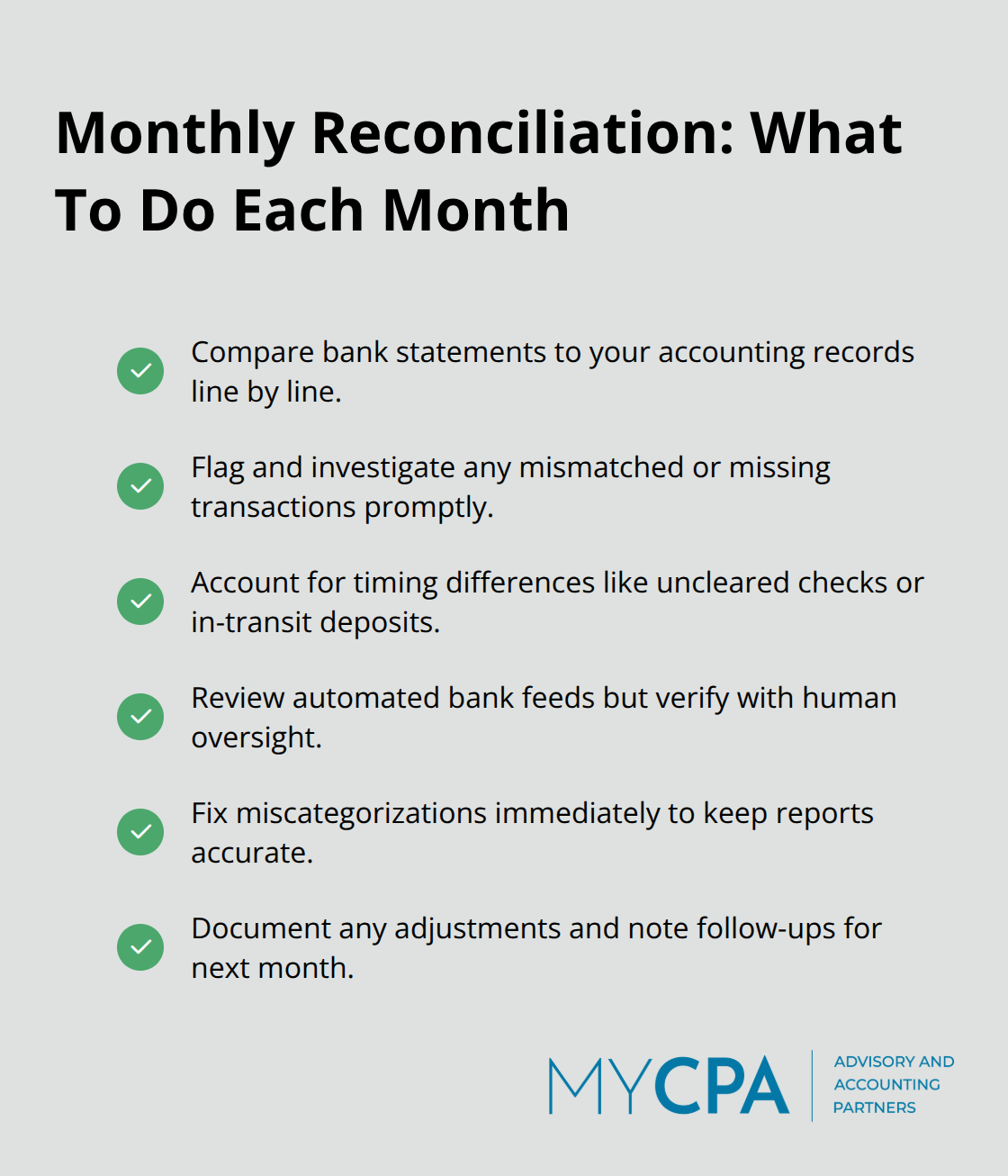 Checklist of monthly bank reconciliation actions for U.S. startups - startup bookkeeping basics