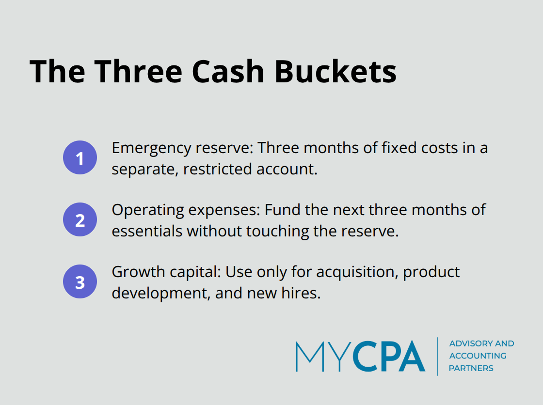 Compact list showing the three startup cash buckets: emergency reserve, operating expenses, and growth capital. - growth planning for startups