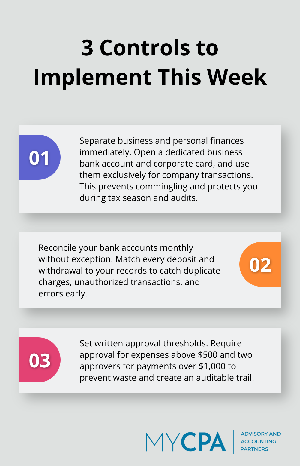 Three essential startup financial controls summarized for quick action.