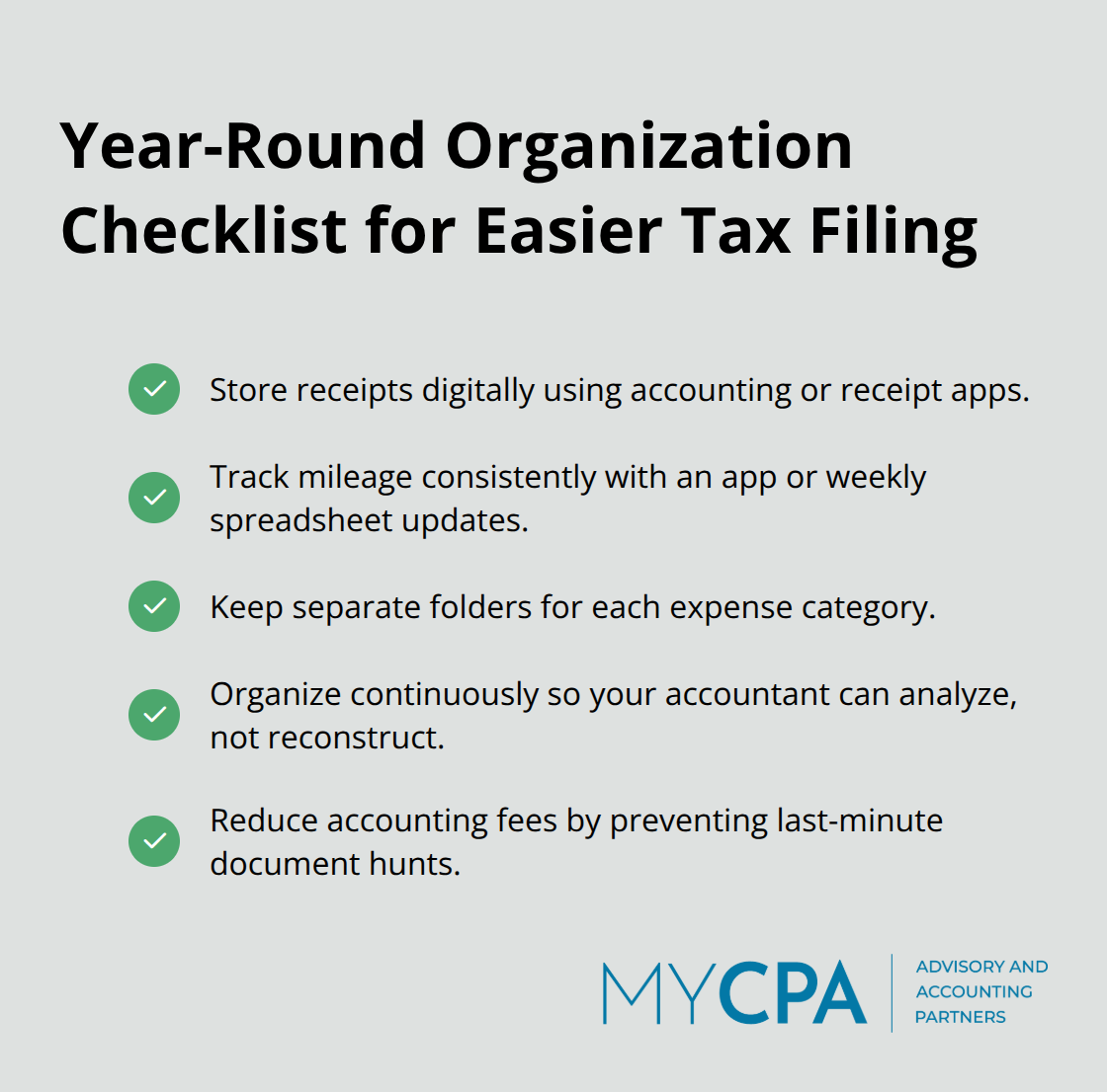 Checklist of actions business owners can take throughout the year to simplify tax season.