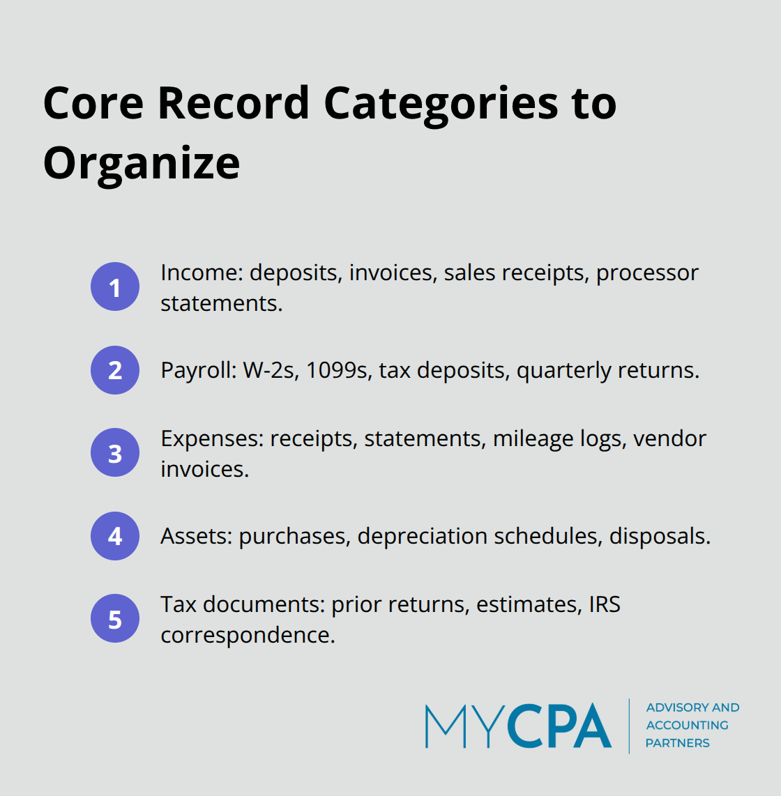 Five essential record categories to keep your business audit-ready. - IRS compliance readiness
