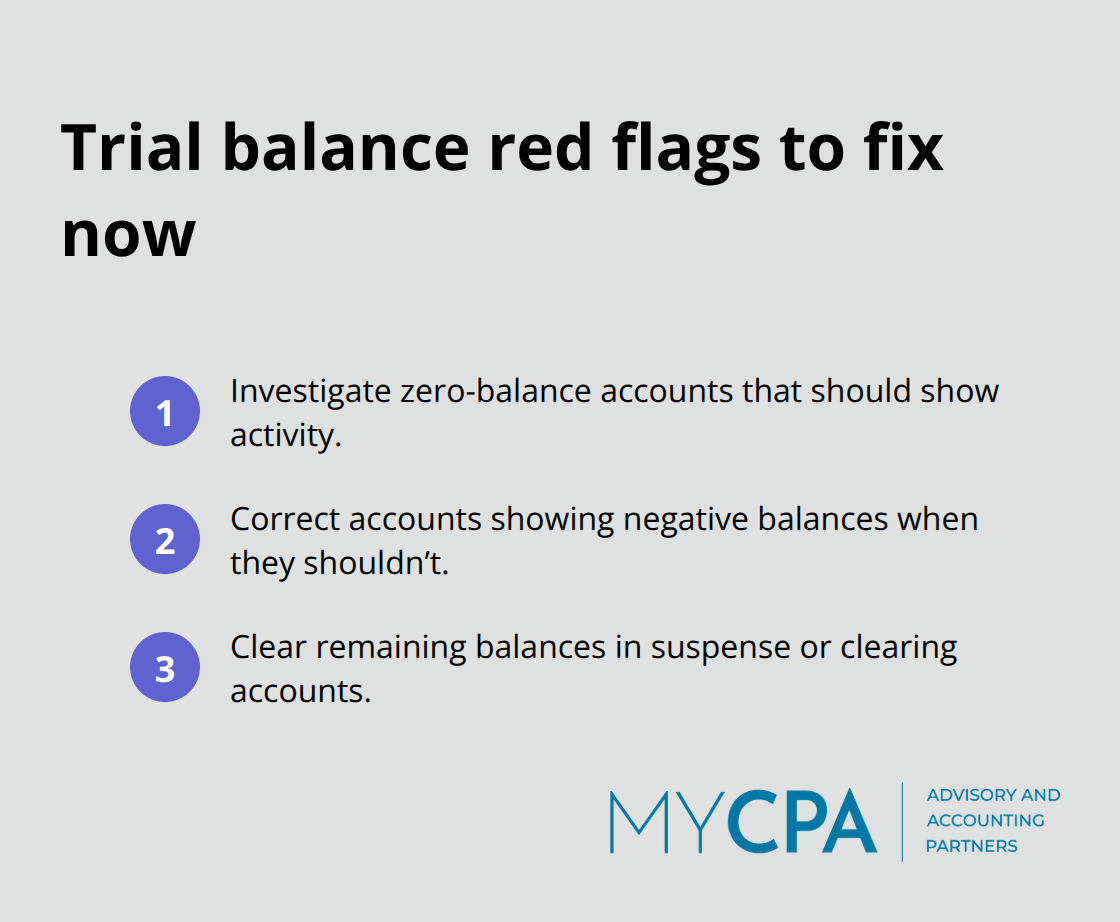 Compact list of common trial balance warning signs to resolve