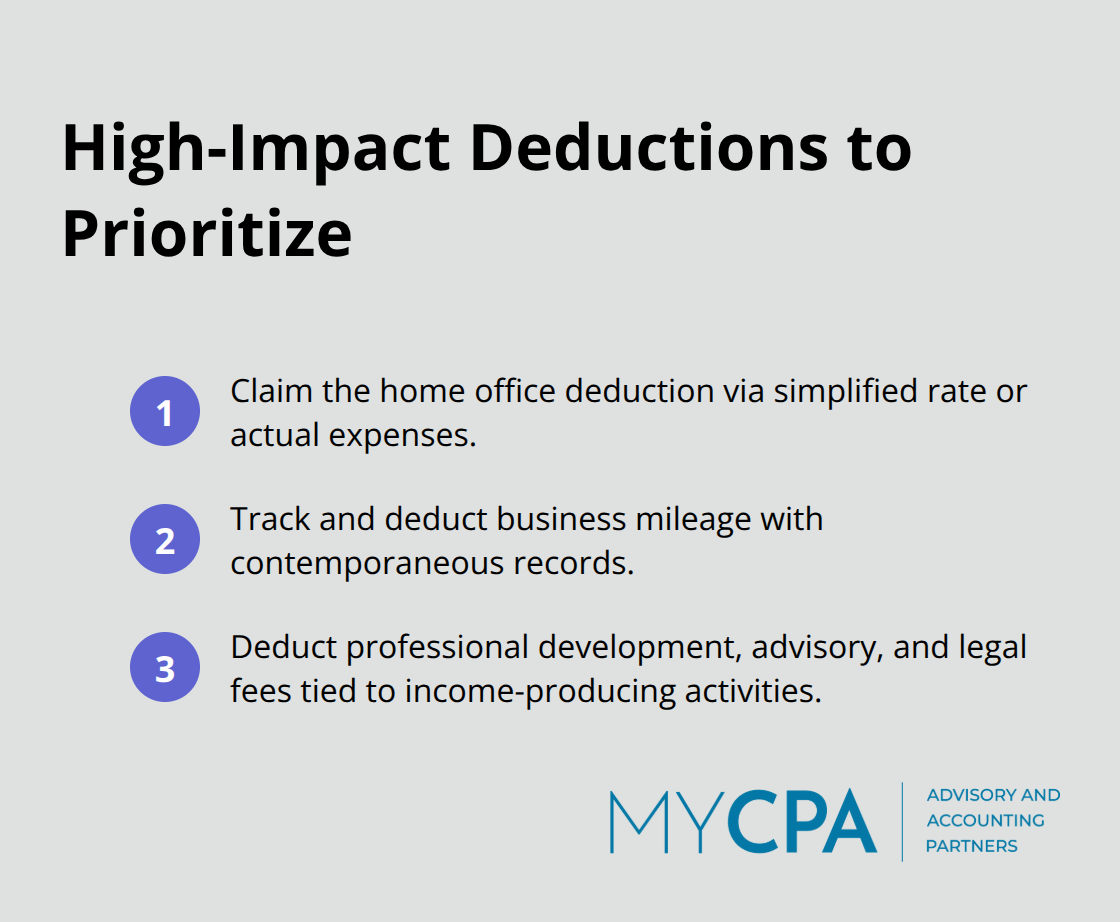 Compact list highlighting three high-impact small business tax deductions to consider and document properly.