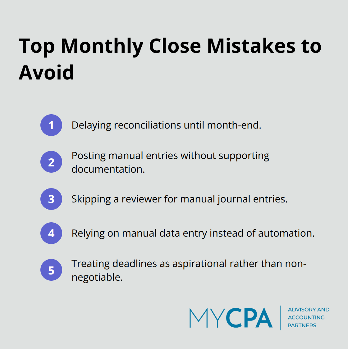 Compact list of the most common monthly close mistakes to avoid - monthly close process