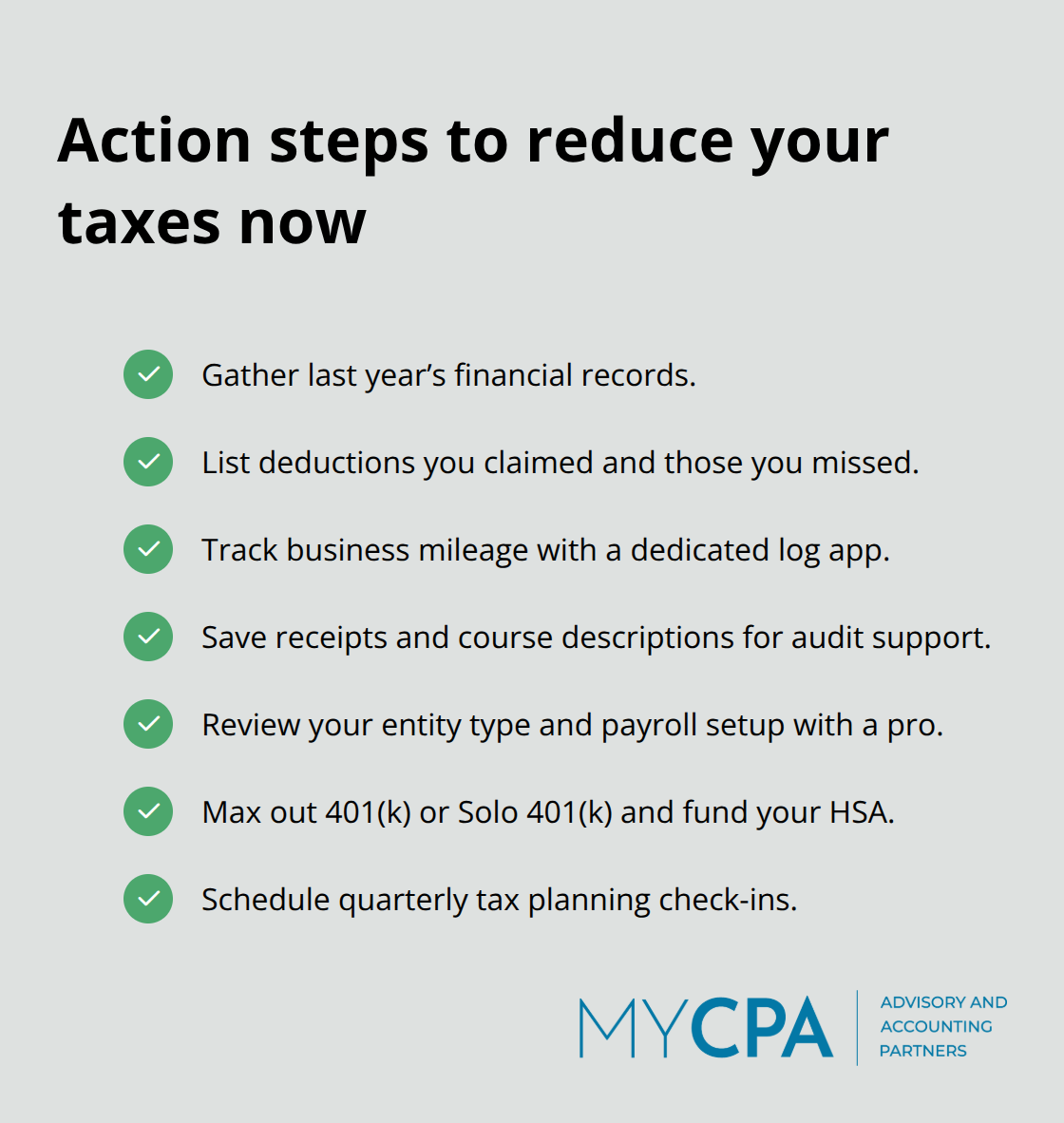 Checklist of immediate actions to improve small-business tax outcomes - legally reduce taxes