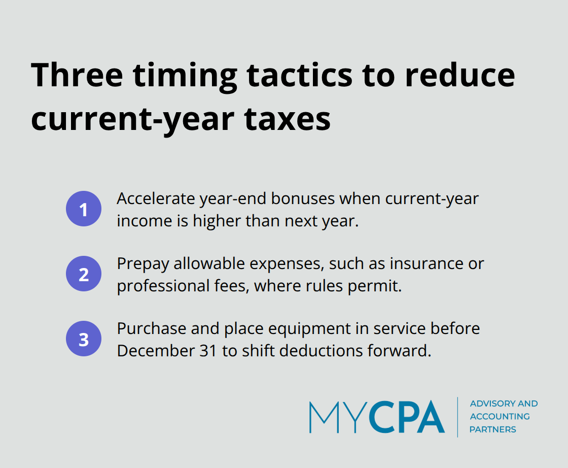 Compact list of timing strategies to accelerate deductions before year-end.