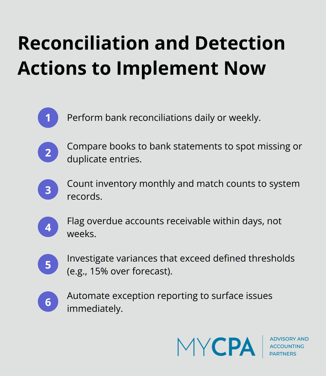 Compact checklist of high-impact reconciliation and detection steps for faster issue identification. - Internal controls strengthening