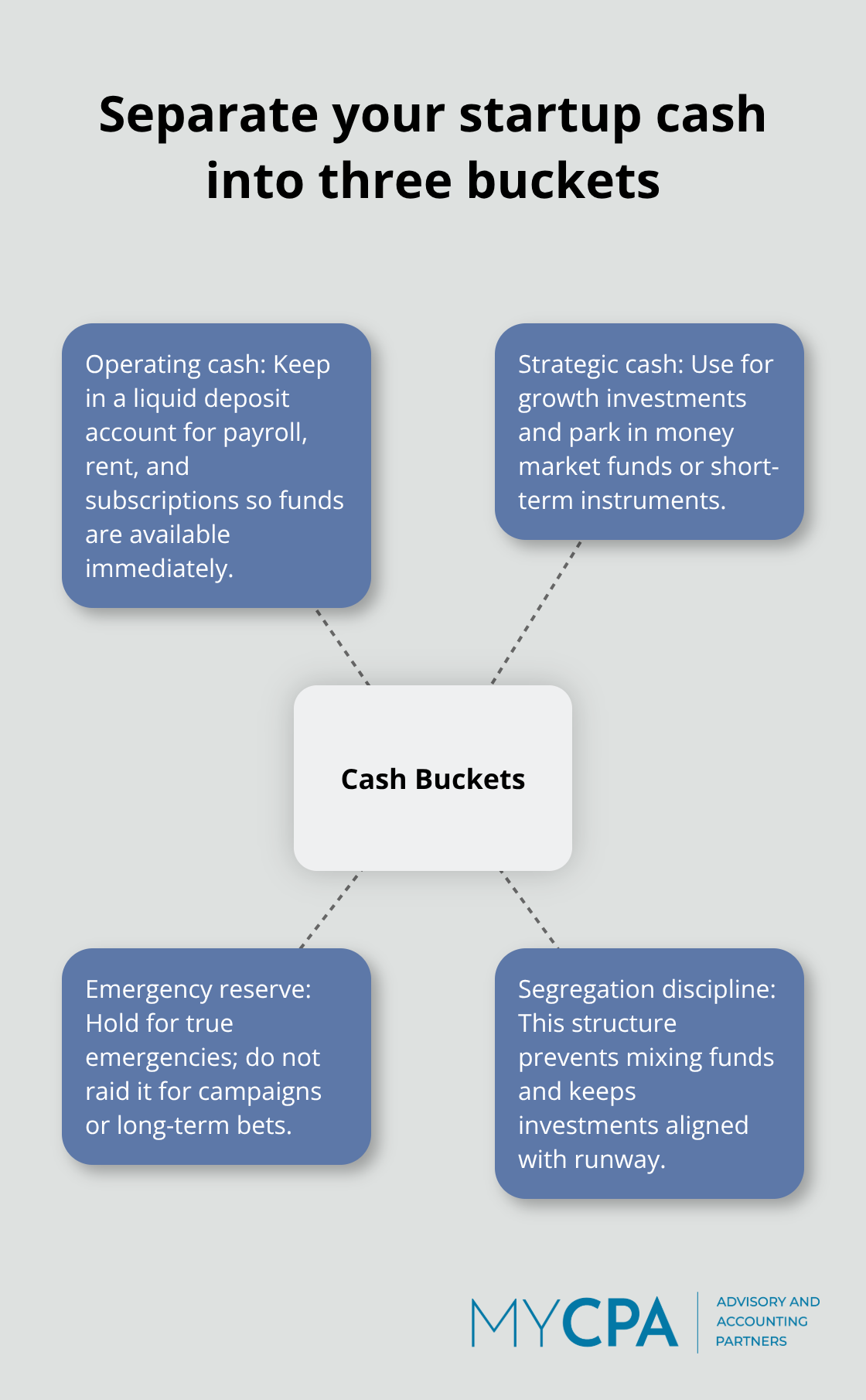 Hub-and-spoke diagram showing operating cash, strategic cash, and emergency reserve with brief explanations. - startup cash flow management